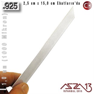925 Ayar - 1,0 mm (1000 Mikron) Kalınlıkta Gümüş Plaka - 2,5 cm / 15,0 cm Ebatlarında