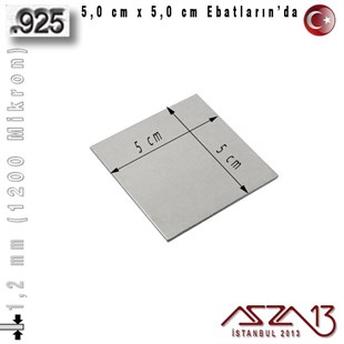 925 Ayar - 1,2 mm (1200 Mikron) Kalınlıkta Gümüş Plaka - 5,0 cm / 5,0 cm Ebatlarında