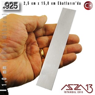 925 Ayar - 1,0 mm (1000 Mikron) Kalınlıkta Gümüş Plaka - 2,5 cm / 15,0 cm Ebatlarında