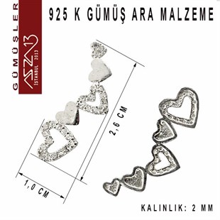 925 K Gümüş, Kalpler,Taşlı Ara Malzeme / Paket İçeriği 1 Adet