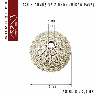 925 K Gümüş Kristal Taşlı, 12 mm Top Boncuk / Paket İçeriği 1 Adet