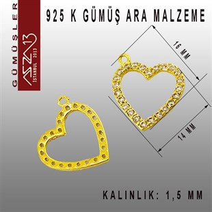925 K Gümüş, Altın Kaplama Kalp,Taşlı Ara Malzeme / Paket İçeriği 1 Adet