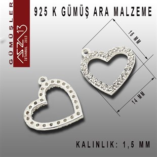925 K Gümüş, Kalp,Taşlı Ara Malzeme / Paket İçeriği 1 Adet
