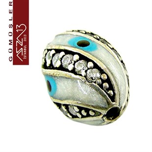 925 K Gümüş Kristal Taşlı, Beyaz Nazar Mineli Oval 9x13 mm Tespih Boncuk / Paket İçeriği 1 Adet