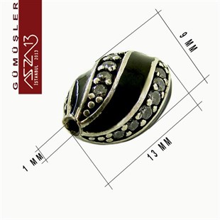 925 K Gümüş Kristal Taşlı, Siyah Mineli Oval 9x13 mm Tespih Boncuk / Paket İçeriği 1 Adet