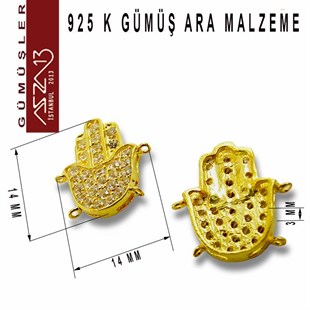 925 K Gümüş, Altın Kaplama Fatmanın Eli,Taşlı Ara Malzeme / Paket İçeriği 1 Adet