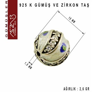 925 K Gümüş Kristal Taşlı, Beyaz Nazar Mineli Yuvarlak 10 mm Tespih Boncuk / Paket İçeriği 1 Adet