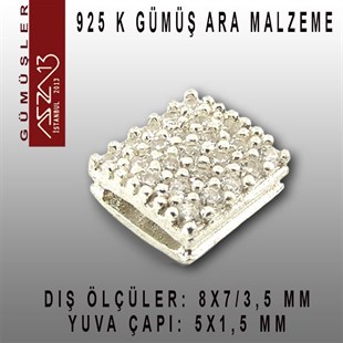 925 K Gümüş, Kare,Taşlı Ara Malzeme / Paket İçeriği 1 Adet