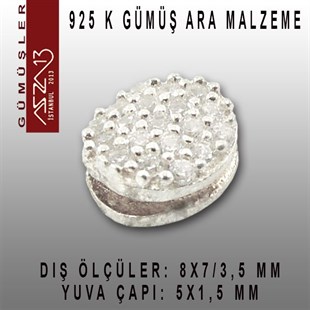 925 K Gümüş, Oval,Taşlı Ara Malzeme / Paket İçeriği 1 Adet