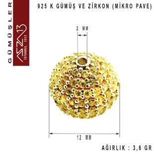 925 K Gümüş Kristal Taşlı, Altın Kaplamalı 12 mm Top Boncuk / Paket İçeriği 1 Adet