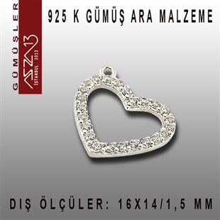 925 K Gümüş, Kalp,Taşlı Ara Malzeme / Paket İçeriği 1 Adet
