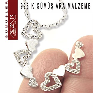 925 K Gümüş, Kalpler,Taşlı Ara Malzeme / Paket İçeriği 1 Adet