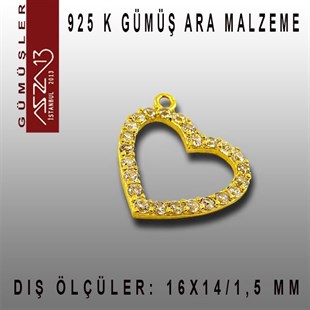 925 K Gümüş, Altın Kaplama Kalp,Taşlı Ara Malzeme / Paket İçeriği 1 Adet