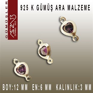 925 K Gümüş, Kalp, Amethyst Zirkon Taşlı, Çift Kulplu Ara Malzeme / Paket İçeriği 3 Adet