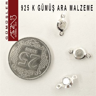 925 K Gümüş, Yuvarlak, Crystal Zirkon Taşlı, Çift Kulplu Ara Malzeme / Paket İçeriği 3 Adet