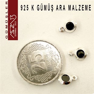 925 K Gümüş, Yuvarlak, Jet Zirkon Taşlı, Tek Kulplu Ara Malzeme / Paket İçeriği 3 Adet