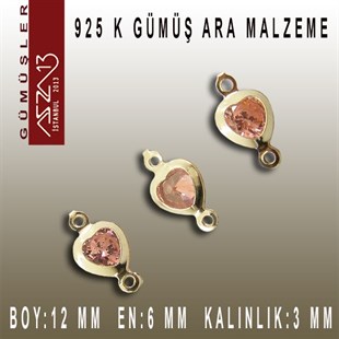 925 K Gümüş, Kalp, Rose Zirkon Taşlı, Çift Kulplu Ara Malzeme / Paket İçeriği 3 Adet