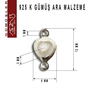 925 K Gümüş, Kalp, Crystal Zirkon Taşlı, Çift Kulplu Ara Malzeme / Paket İçeriği 3 Adet