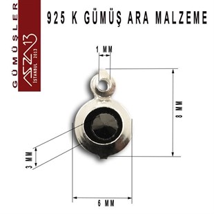 925 K Gümüş, Yuvarlak, Jet Zirkon Taşlı, Tek Kulplu Ara Malzeme / Paket İçeriği 3 Adet
