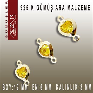 925 K Gümüş, Kalp, Topaz Zirkon Taşlı, Çift Kulplu Ara Malzeme / Paket İçeriği 3 Adet