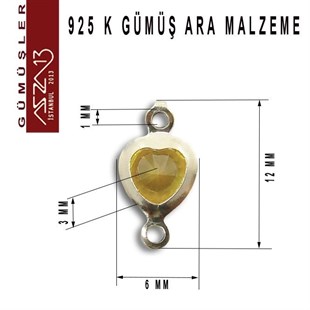 925 K Gümüş, Kalp, Topaz Zirkon Taşlı, Çift Kulplu Ara Malzeme / Paket İçeriği 3 Adet