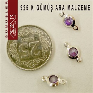 925 K Gümüş, Yuvarlak, Amethyst Zirkon Taşlı, Çift Kulplu Ara Malzeme / Paket İçeriği 3 Adet