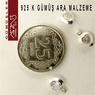 925 K Gümüş, Kalp, Crystal Zirkon Taşlı, Tek Kulplu Ara Malzeme / Paket İçeriği 3 Adet