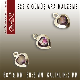925 K Gümüş, Kalp, Amethyst Zirkon Taşlı, Tek Kulplu Ara Malzeme / Paket İçeriği 3 Adet