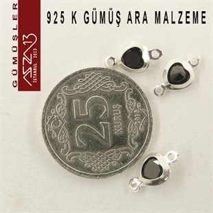 925 K Gümüş, Kalp, Jet Zirkon Taşlı, Çift Kulplu Ara Malzeme / Paket İçeriği 3 Adet