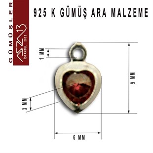 925 K Gümüş, Kalp, Siam Zirkon Taşlı, Tek Kulplu Ara Malzeme / Paket İçeriği 3 Adet