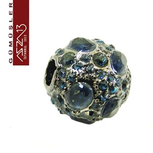 925 K Gümüş Safir Kristal Taşlı, Siyah Rodajlı, 12 mm Yuvarlak Boncuk / Paket İçeriği 1 Adet