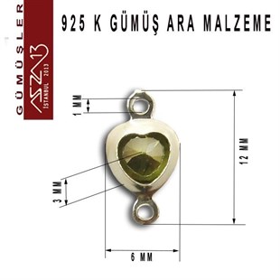 925 K Gümüş, Kalp, Olive Zirkon Taşlı, Çift Kulplu Ara Malzeme / Paket İçeriği 3 Adet