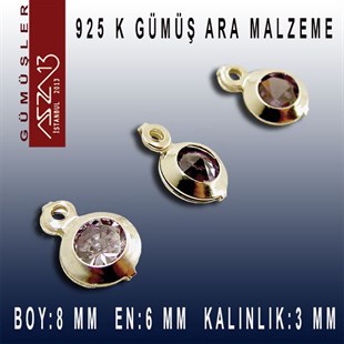 925 K Gümüş, Yuvarlak, Amethyst Zirkon Taşlı, Tek Kulplu Ara Malzeme / Paket İçeriği 3 Adet