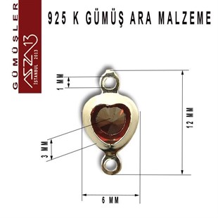 925 K Gümüş, Kalp, Siam Zirkon Taşlı, Çift Kulplu Ara Malzeme / Paket İçeriği 3 Adet