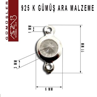 925 K Gümüş, Yuvarlak, Crystal Zirkon Taşlı, Çift Kulplu Ara Malzeme / Paket İçeriği 3 Adet