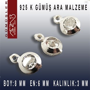 925 K Gümüş, Yuvarlak, Crystal Zirkon Taşlı, Tek Kulplu Ara Malzeme / Paket İçeriği 3 Adet