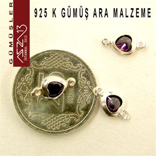 925 K Gümüş, Kalp, Amethyst Zirkon Taşlı, Çift Kulplu Ara Malzeme / Paket İçeriği 3 Adet