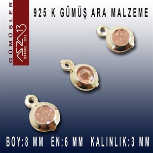 925 K Gümüş, Yuvarlak, Rose Zirkon Taşlı, Tek Kulplu Ara Malzeme / Paket İçeriği 3 Adet