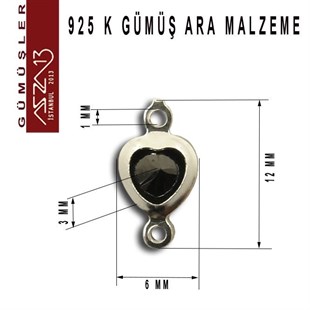 925 K Gümüş, Kalp, Jet Zirkon Taşlı, Çift Kulplu Ara Malzeme / Paket İçeriği 3 Adet