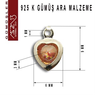 925 K Gümüş, Kalp, Magma Zirkon Taşlı, Tek Kulplu Ara Malzeme / Paket İçeriği 3 Adet