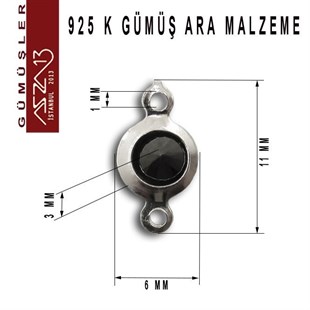 925 K Gümüş, Yuvarlak, Jet Zirkon Taşlı, Çift Kulplu Ara Malzeme / Paket İçeriği 3 Adet
