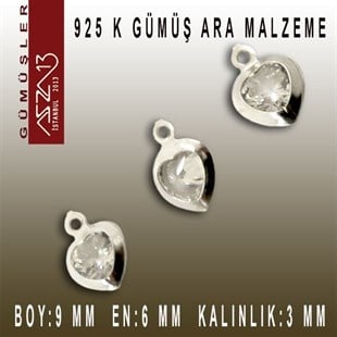 925 K Gümüş, Kalp, Crystal Zirkon Taşlı, Tek Kulplu Ara Malzeme / Paket İçeriği 3 Adet