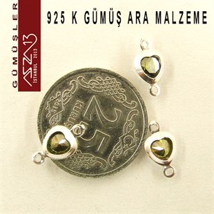 925 K Gümüş, Kalp, Olive Zirkon Taşlı, Çift Kulplu Ara Malzeme / Paket İçeriği 3 Adet