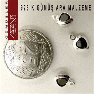 925 K Gümüş, Kalp, Jet Zirkon Taşlı, Tek Kulplu Ara Malzeme / Paket İçeriği 3 Adet