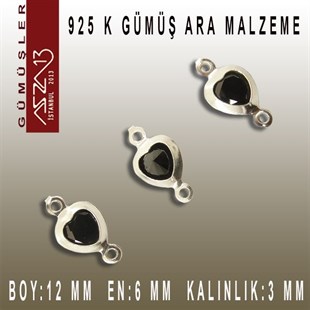 925 K Gümüş, Kalp, Jet Zirkon Taşlı, Çift Kulplu Ara Malzeme / Paket İçeriği 3 Adet