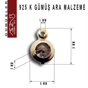 925 K Gümüş, Yuvarlak, Amethyst Zirkon Taşlı, Tek Kulplu Ara Malzeme / Paket İçeriği 3 Adet