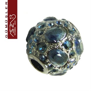 925 K Gümüş Safir Kristal Taşlı, Siyah Rodajlı, 12 mm Yuvarlak Boncuk / Paket İçeriği 1 Adet