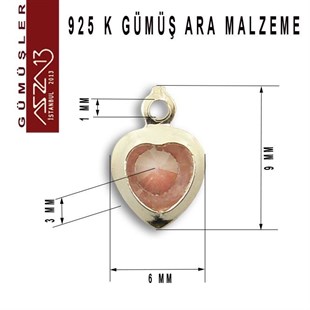 925 K Gümüş, Kalp, Rose Zirkon Taşlı, Tek Kulplu Ara Malzeme / Paket İçeriği 3 Adet