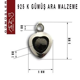 925 K Gümüş, Kalp, Jet Zirkon Taşlı, Tek Kulplu Ara Malzeme / Paket İçeriği 3 Adet