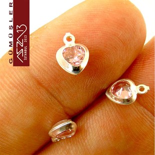 925 K Gümüş, Kalp, Rose Zirkon Taşlı, Tek Kulplu Ara Malzeme / Paket İçeriği 3 Adet